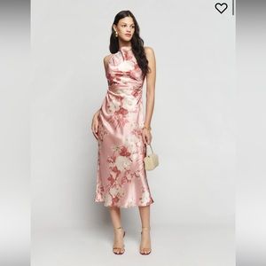 Reformation Casette silk dress in Bellini pink floral